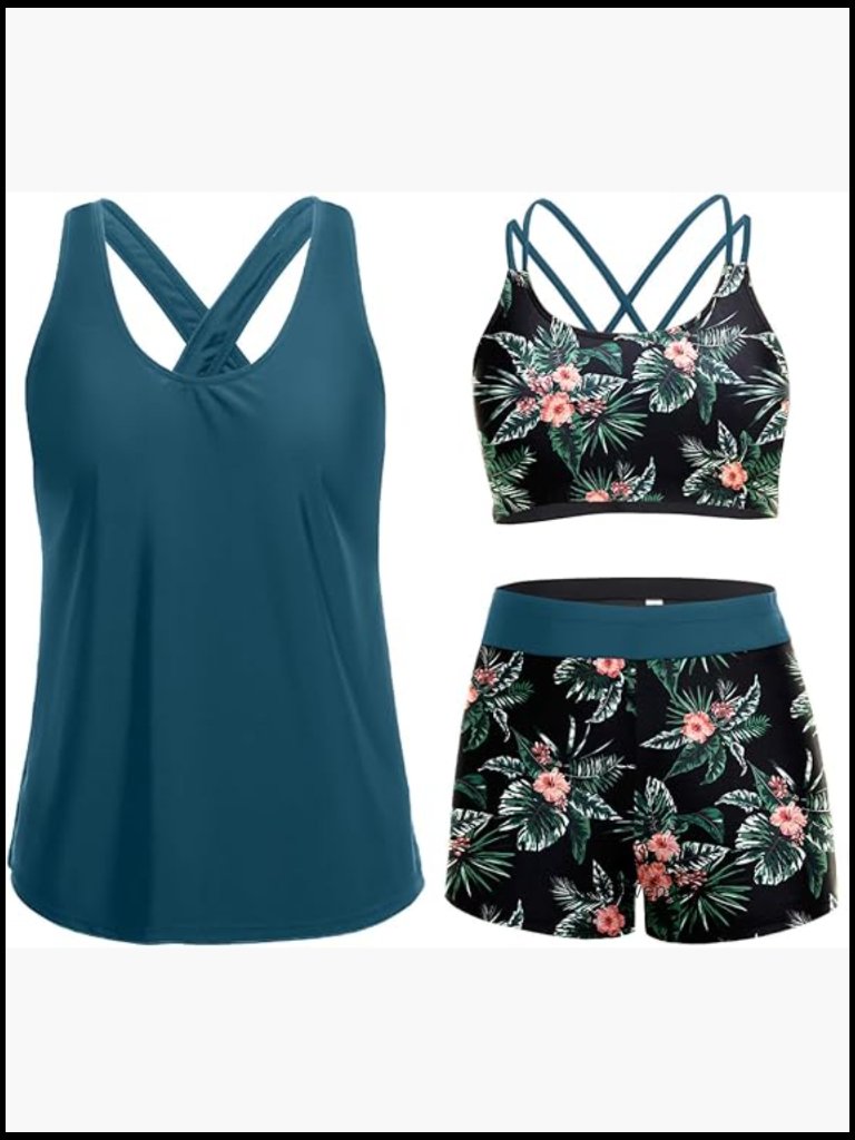 3 Piece Tankini Swimsuit Set With Tummy Control, Removable Padded Bra Boy